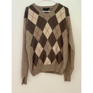 Hathaway Platinum Mens Sweater Argyle Beige brown Red Pure Cashmere Medium